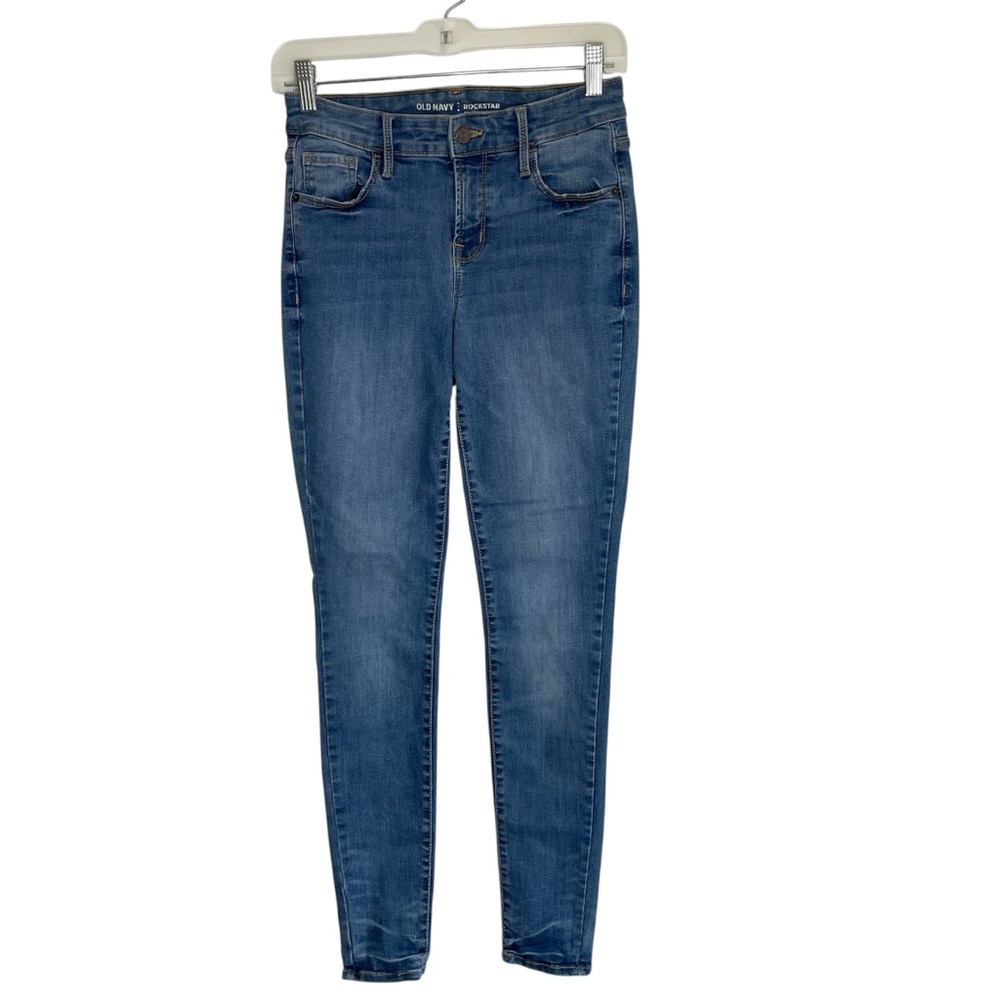 Old Navy Rockstar Mid Rise Solid Blue Dark Wash Skinny Jeans
